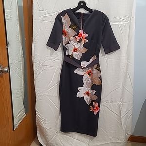 Women's Ted Baker Gray Floral Midi Dress Size 1